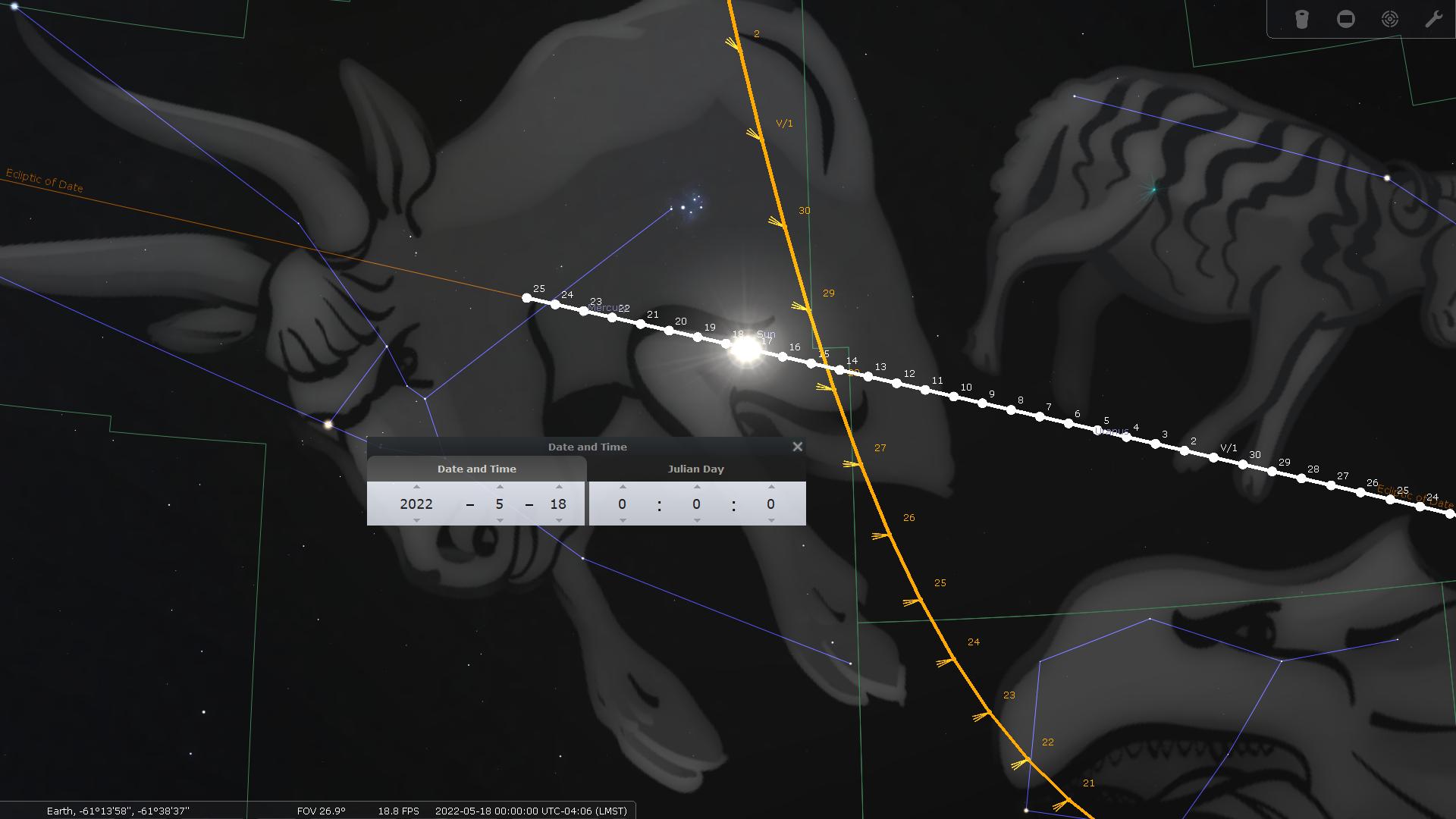 A digital depiction of the celestial sphere highlighting constellations associated with the Mazzaroth. The image includes a bright representation of the sun along with a series of connecting lines marking celestial coordinates and dates. Rendered figures of a bull and twins visually dominate amid various overlaid graphical information such as the ecliptic of date line.