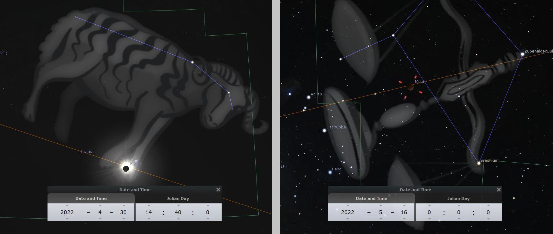 Two images displaying constellations against a dark starry sky, identified in scientific astronomical and biblical Mazzaroth contexts. The left image highlights the constellation commonly associated with a large horned animal, positioned among visible planets and labeled celestial bodies. The right image shows another constellation resembling a large arthropod, detailed with stars named in conventional astronomy and interacting with celestial planets including the Moon.