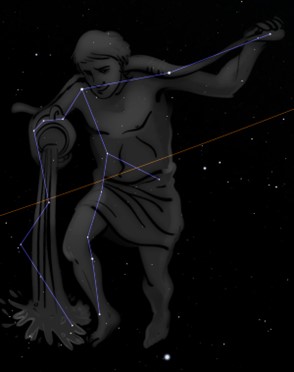 A digital illustration of a figure resembling a classical mythological hunter positioned against a starry sky. The figure is pulling back a bow, depicted with lines connecting bright stars to outline the form.