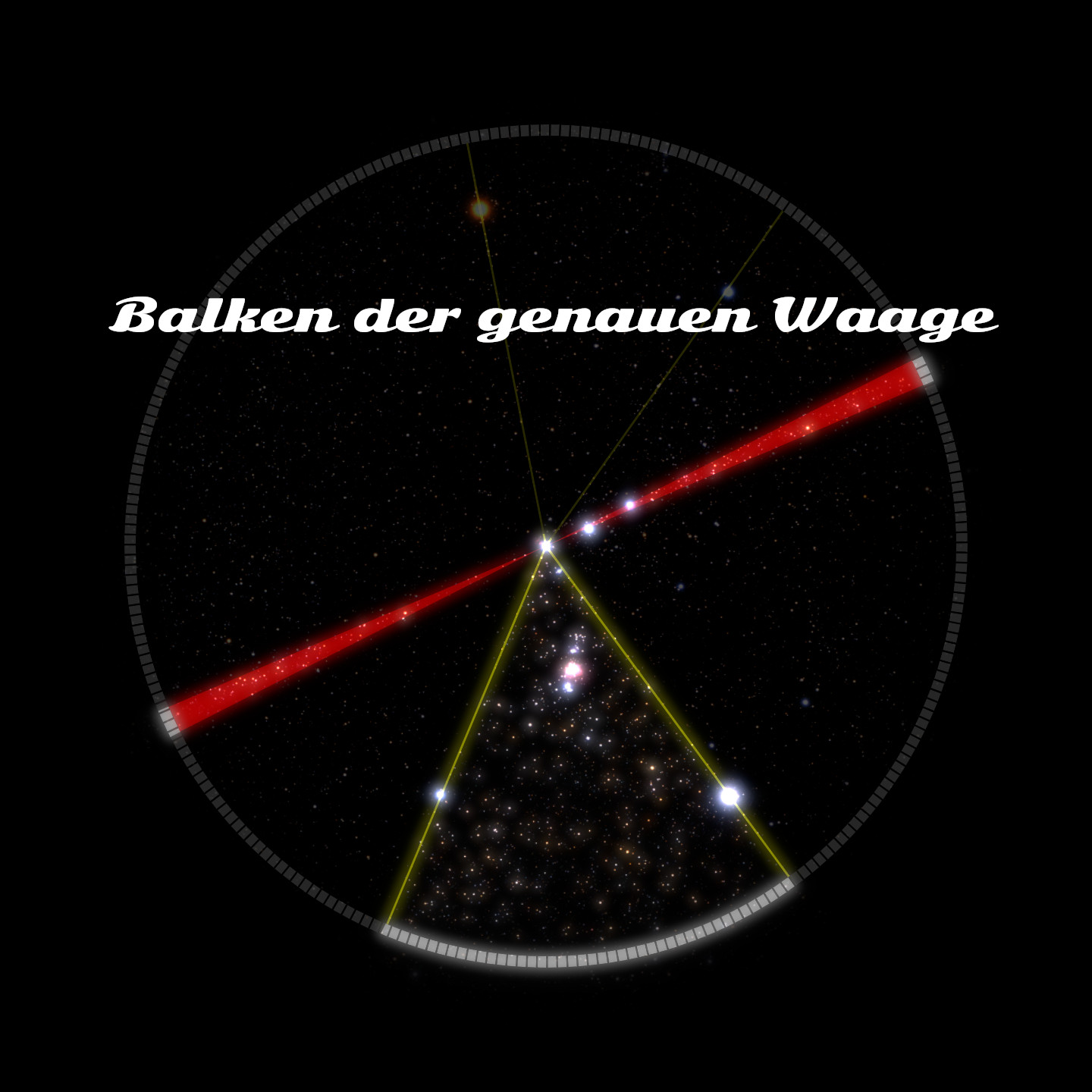 Grafische Darstellung eines astronomischen Diagramms mit dem Titel "Balken der genauen Waage", das ein aus einer Ansammlung von Sternen gebildetes Dreieck in der Mazzaroth zeigt. Farblich abgehobene Linien verbinden markante Sternpunkte innerhalb dieses Dreiecks.