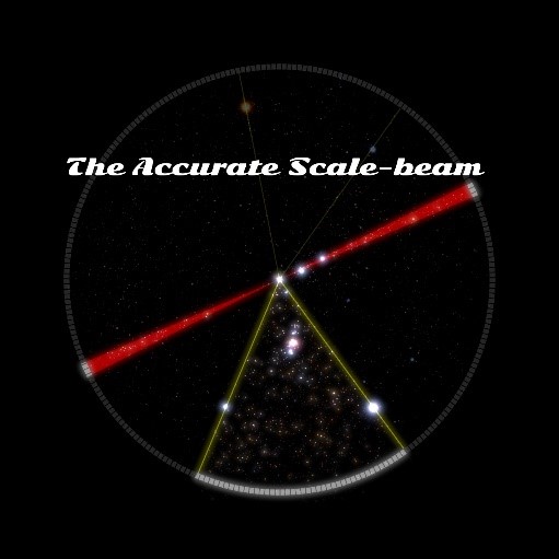A circular graphic representing a celestial chart with bright stars connected by a red and yellow geometric line pattern against a starry night sky background, with the caption "The Accurate Scale-beam."