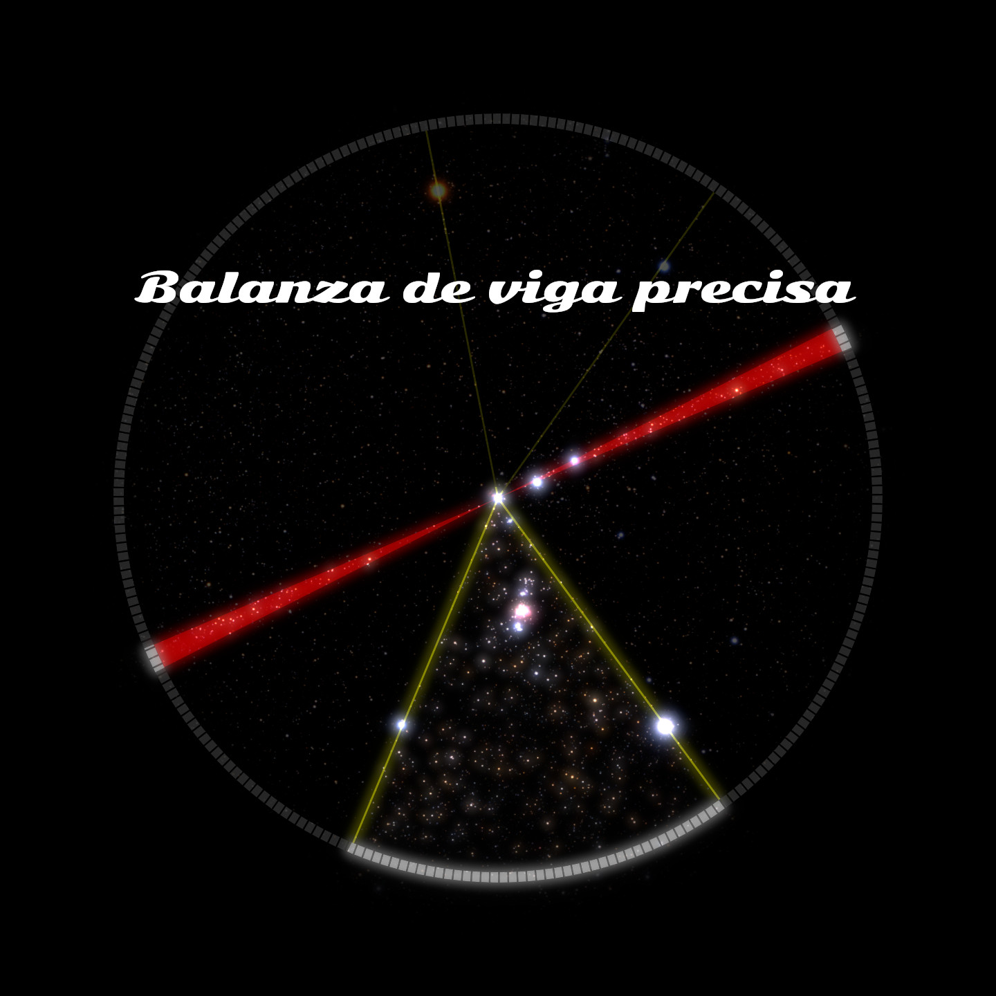 Imagen que representa un conjunto estelar formando un triángulo dentro de un círculo que tiene una escala graduada en su borde superior, sobre un fondo estrellado. Texto en la parte superior dice "Balanza de viga precisa". Líneas rojas y amarillas conectan estrellas brillantes, subrayando una estructura geométrica celeste.