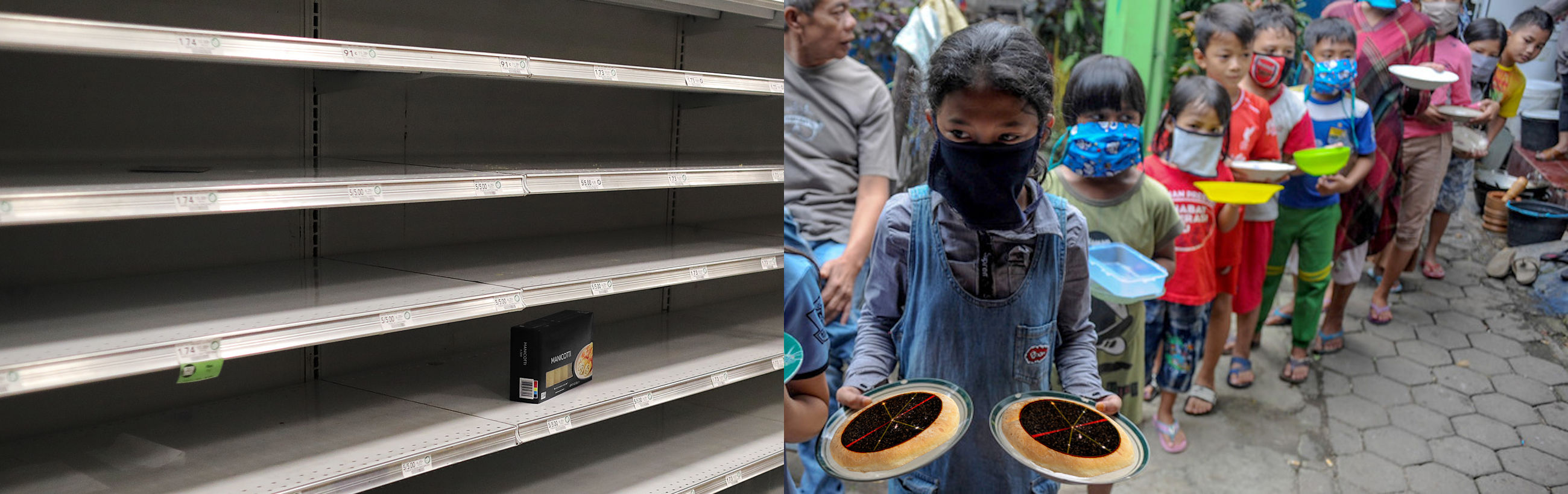 A split image showing contrasting scenes. On the left, nearly empty supermarket shelves with only a single box of food remaining, symbolizing scarcity. On the right, a group of children in a community setting, wearing masks while they wait in line with plates in their hands to receive food, indicating community support and sharing.