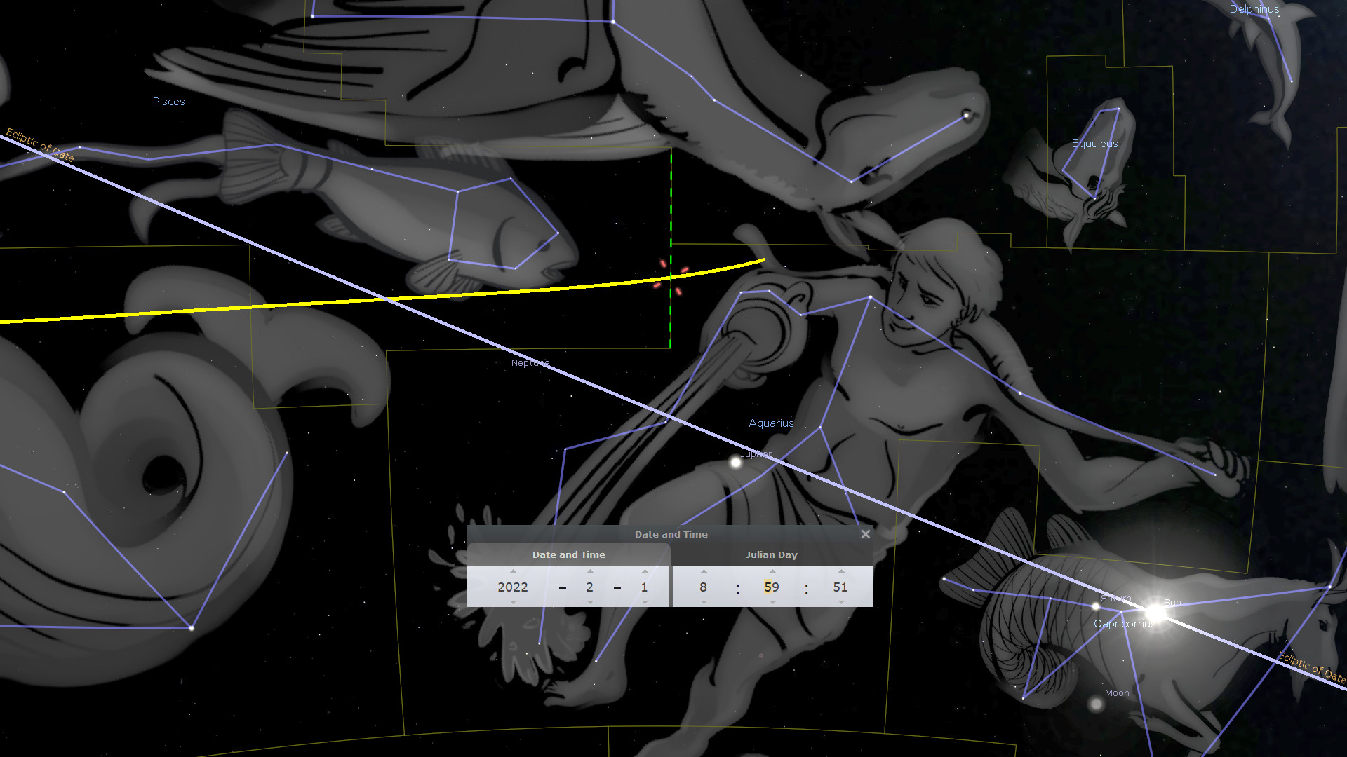 A detailed astronomical software display showing celestial figures along the ecliptic plane with highlighted elements from the Mazzaroth. Annotations include various celestial coordinates and the positioning of significant astronomical bodies like Neptune and Jupiter. A digital date and time display indicates it is February 18, 2022, at 5:51 PM.