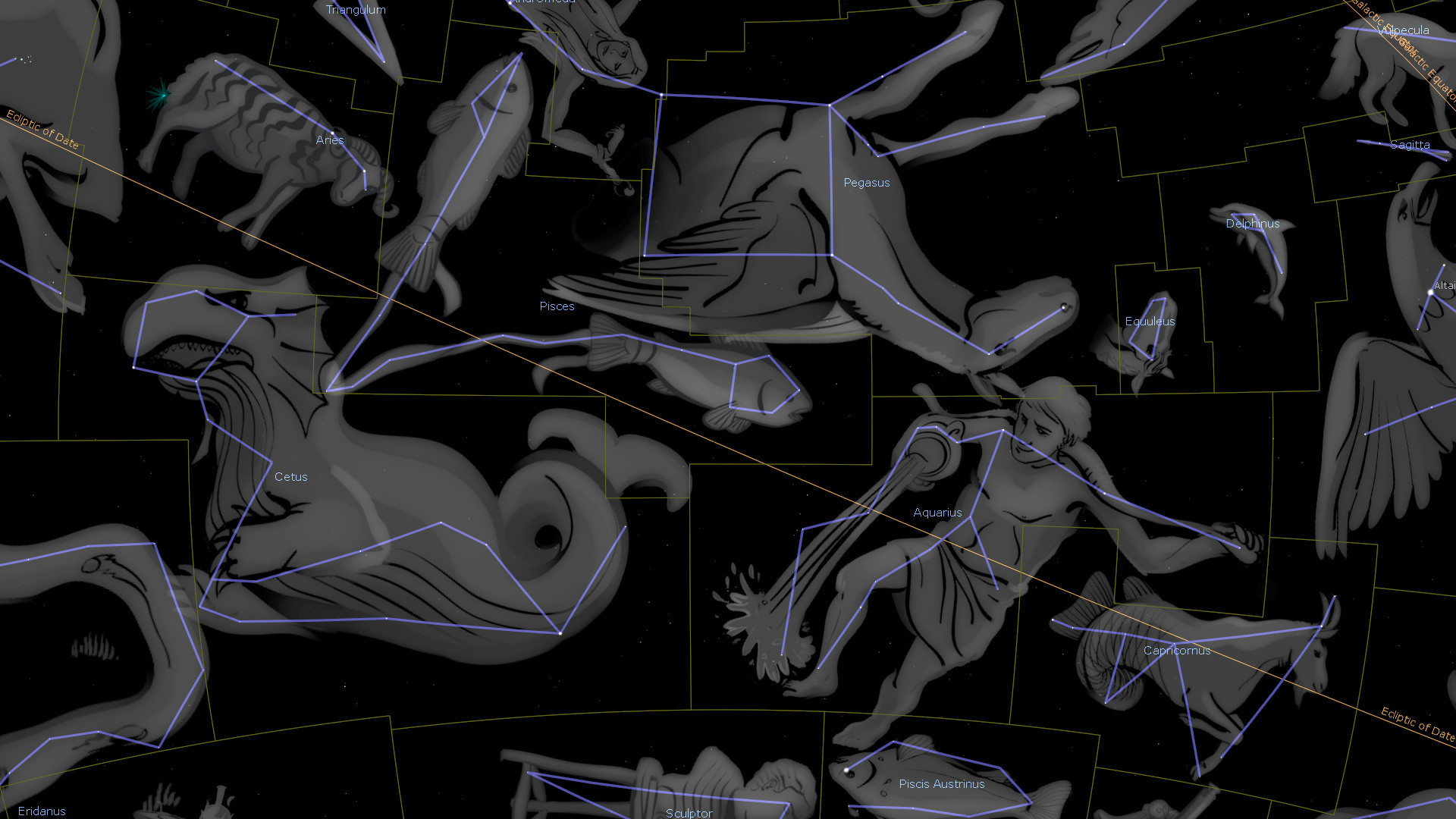 Illustration of a night sky filled with various celestial formations linked by lines to depict mythical and animal configurations. These representations are part of the Mazzaroth, including figures such as a winged human pouring water, a horse, and a fish among others, set against a dark space background with labeled star locations.