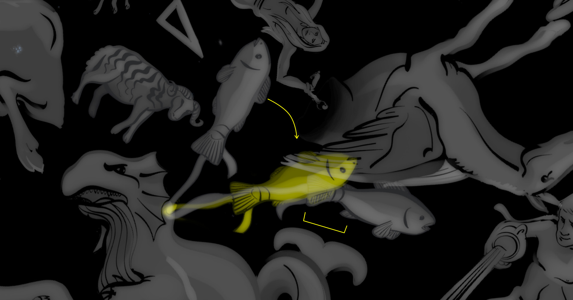 A digitally illustrated grayscale scene depicting various constellations represented as mythological and animal figures against a dark backdrop. Notable are the images of creatures such as fishes and a lion, arranged in dynamic contorted positions, artistically visualizing the star groupings referenced in Mazzaroth.