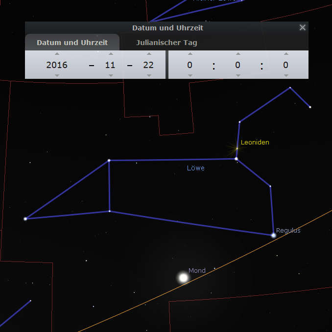 Bildschirmdarstellung einer astronomischen Software, die den nächtlichen Himmel am 22. November 2016 zeigt. Sichtbar sind die Sterne des Mazzaroth-Konstellations Löwe mit markanten Sternen wie Regulus, sowie der Mond und ein Sternschnuppenstrom, bezeichnet als Leoniden.