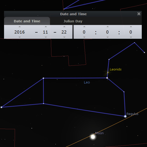 Digital depiction of a celestial map highlighting a constellation from the Mazzaroth, with labels for a meteor shower and the moon gleaming brightly. The upper part of the image displays a date and time interface set to November 22, 2016, with a zeroed Julian Day.