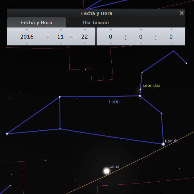 Imagen que muestra una representación en pantalla de un software astronómico. Incluye una ventana flotante para ajustar fecha y hora, indicando el 22 de noviembre de 2016. Se observan constelaciones con líneas que conectan las estrellas, destacándose por nombres como León y Luna visible en la parte inferior. La constelación del León está completamente delineada y la meteorológica lluvia Leonidas es mencionada. Las estrellas y constelaciones están sobre un fondo oscuro estrellado.