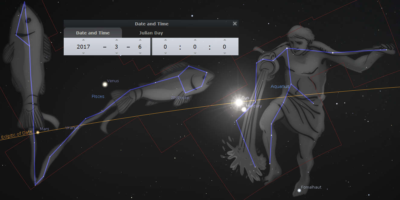 A digital depiction of the night sky chart featuring constellations representing a water-bearer and two fish, connected by bright blue lines to denote their shapes against a dark space background. Planetary positions are displayed with marked planets Venus, Sun, and Mercury near the water-bearer, while Mars and Uranus are near the fish. A date and time panel shows "2017-3-6" and "Julian Day 0000."