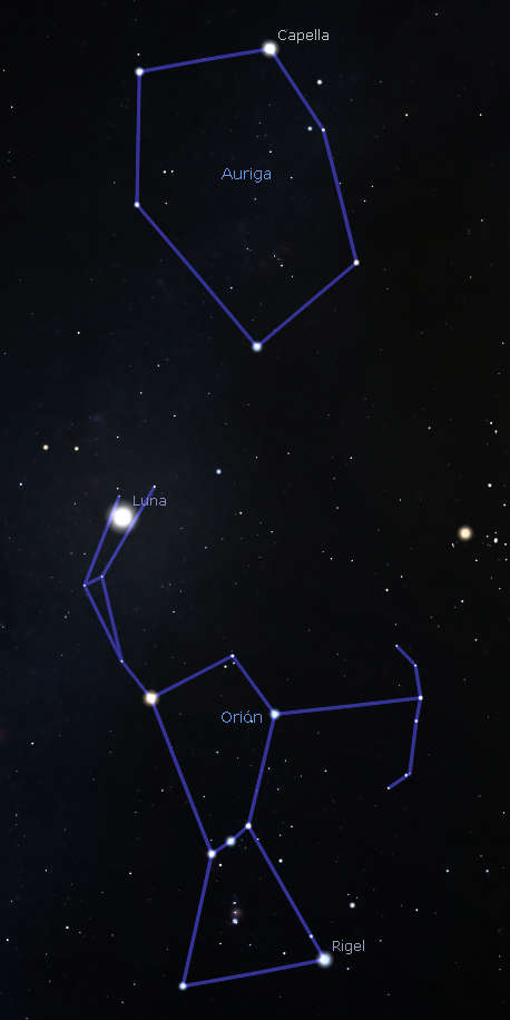 Fotografía de un cielo estrellado oscuro donde se destacan dos constelaciones importantes conectadas por líneas. La constelación superior se identifica como Auriga con la estrella Capella notablemente brillante. La constelación inferior es Orión, con las estrellas Rigel y Betelgeuse visibles y la característica Nebulosa de Orión en el centro.