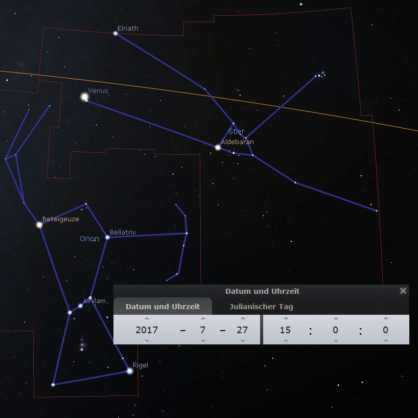 Bild eines Sternenhimmels mit Überlagerungen wissenschaftlicher Sternenkonstellationen inklusive des Sterns Venus und benannten Sternen wie Aldebaran, Betelgeuze und Orion. Das Interface zeigt das Datum als 27. Juli 2017 und die Uhrzeit von 15:00 Uhr nach dem julianischen Kalender.