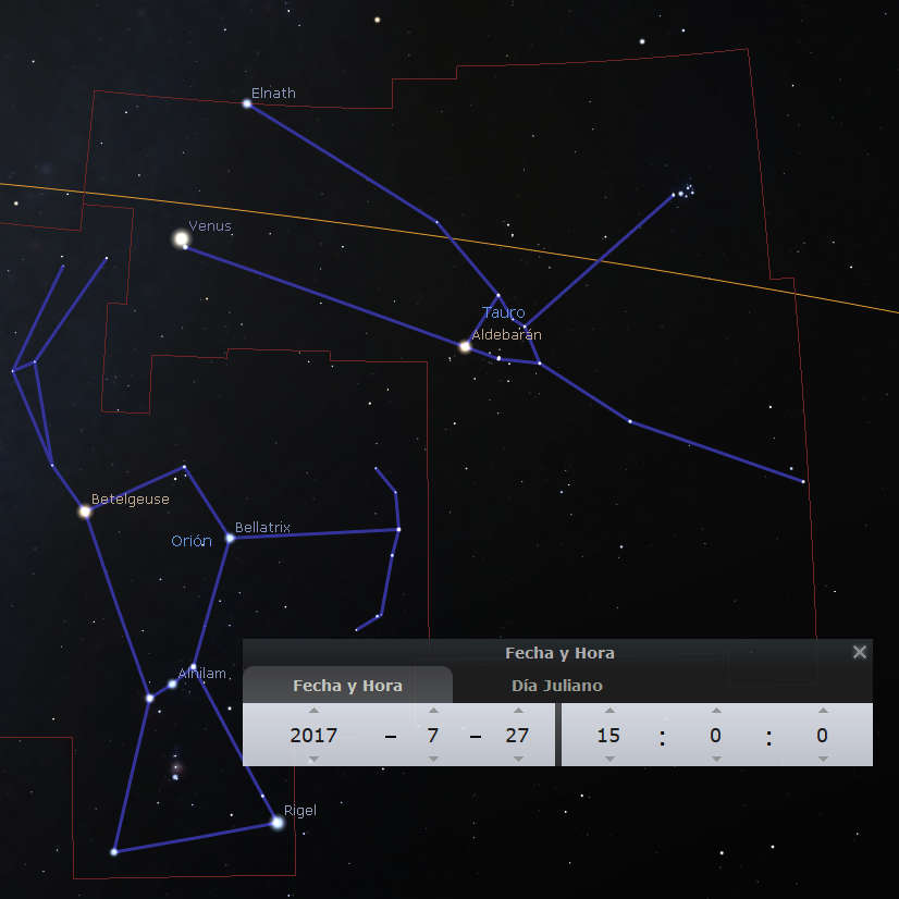 Imagen que muestra constelaciones en el cielo nocturno. Se destacan las constelaciones de Orión y Tauro. Las estrellas más brillantes como Betelgeuse, Rigel y Aldebarán son visibles y marcadas. Venus brilla cerca de la constelación de Tauro. También aparece una interfaz de usuario con fecha y hora indicando el 27 de julio de 2017.