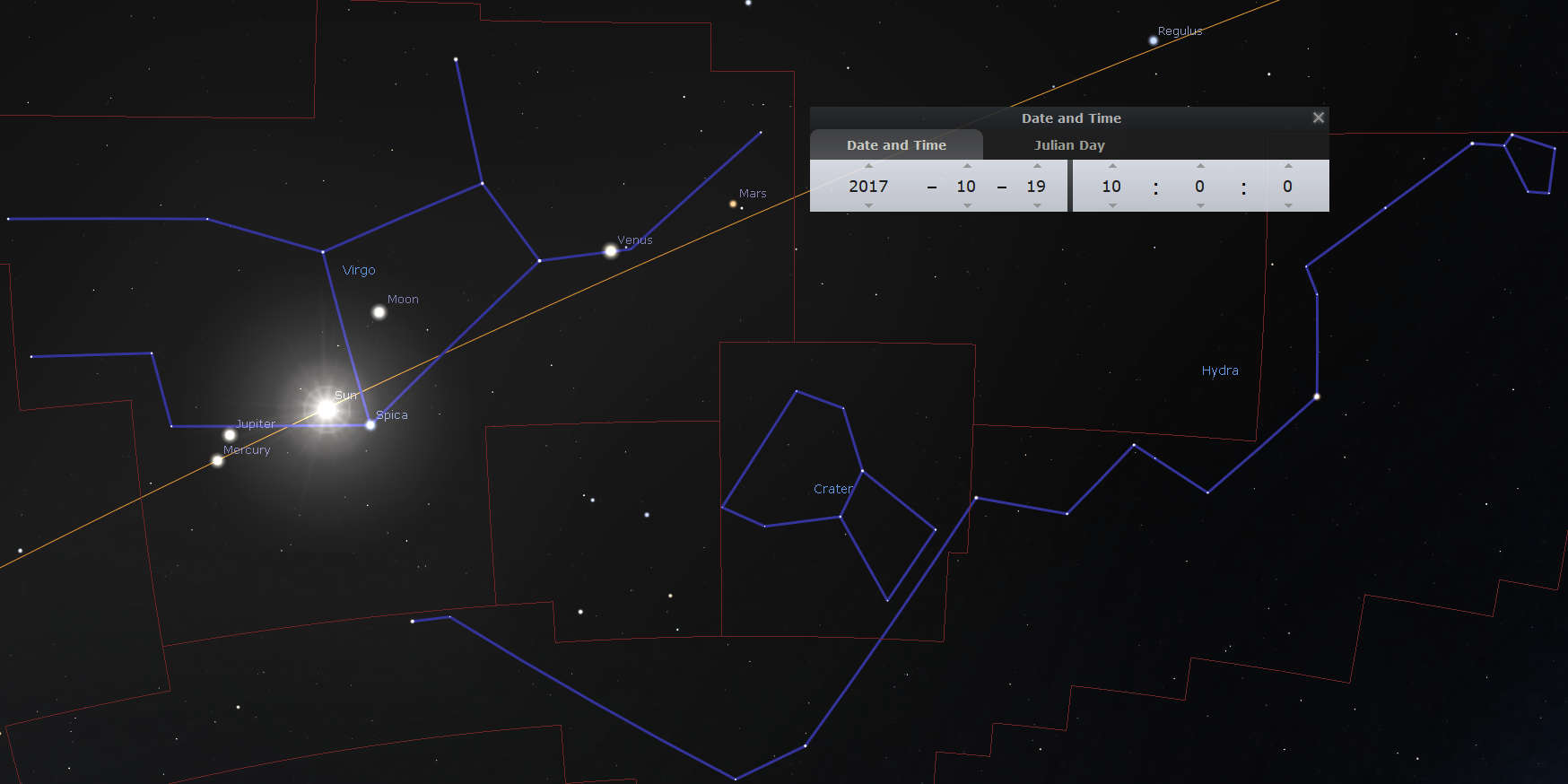 Digital sky map depicting a celestial event with visible planets such as Jupiter and Mercury close to Spica, and the Moon near another bright star in the backdrop of deep space. The sky is sectioned by outlines of constellations and an overlay showing a date and time dialog box indicating an observation time.