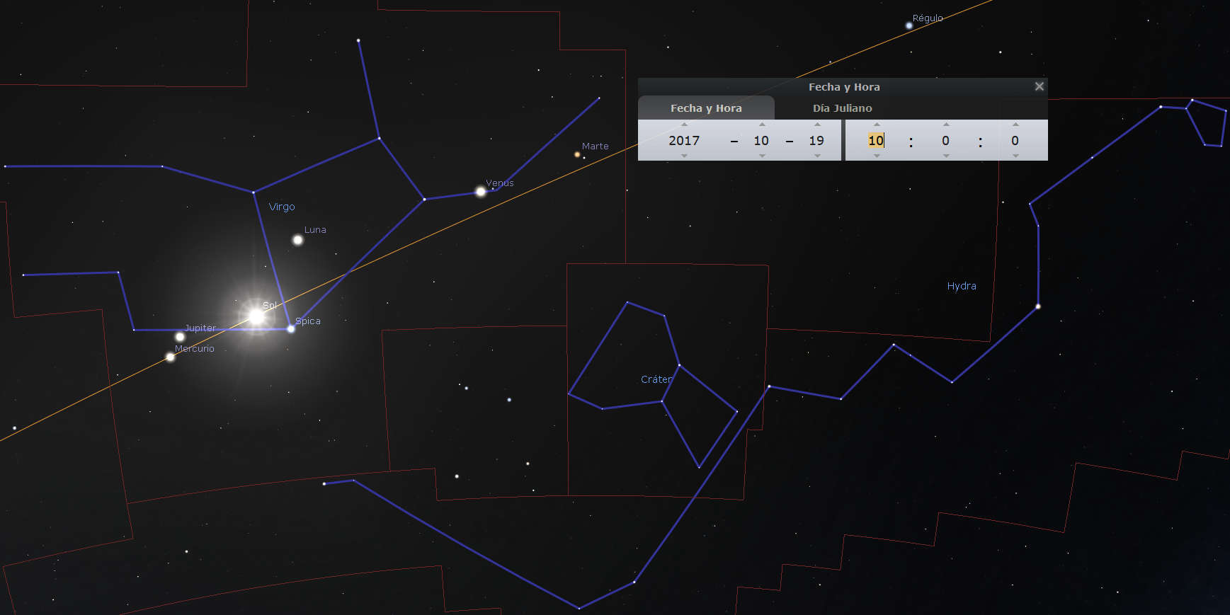 Imagen de un mapa estelar mostrando diversas constelaciones y cuerpos celestes como el Sol, Jupiter, Mercurio y la Luna. Se destacan las conexiones entre estrellas con líneas azules y etiquetas que identifican importantes cuerpos y puntos de interés astronómico.
