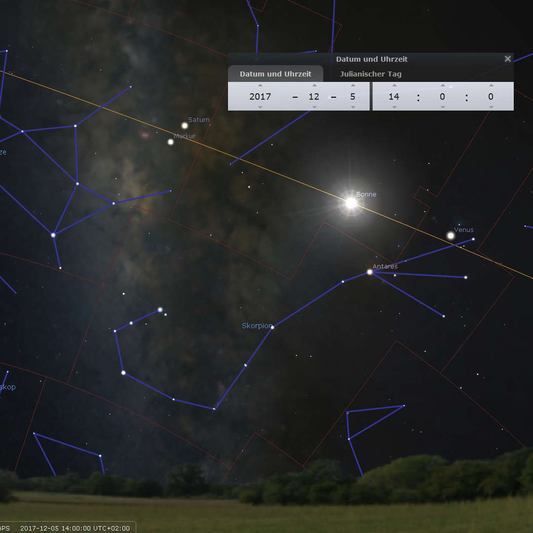 Ein Nachthimmel mit Sternbildern und erkennbaren Planeten wie Saturn, Merkur, Sonne und Venus, die durch blaue Linien verbunden sind. Ein Overlay zeigt Datum und Uhrzeit der Aufnahme: 2017-12-5, 14:00 Uhr.
