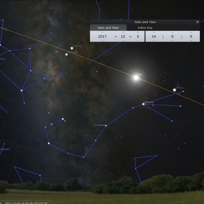 A night sky depiction showcasing various celestial bodies including the sun, planets such as Saturn, Mercury, and Venus, overlaid with blue lines marking the configurations of the Mazzaroth against a softly glowing astronomical backdrop. An overlay in the upper right corner displays the date and Julian day.