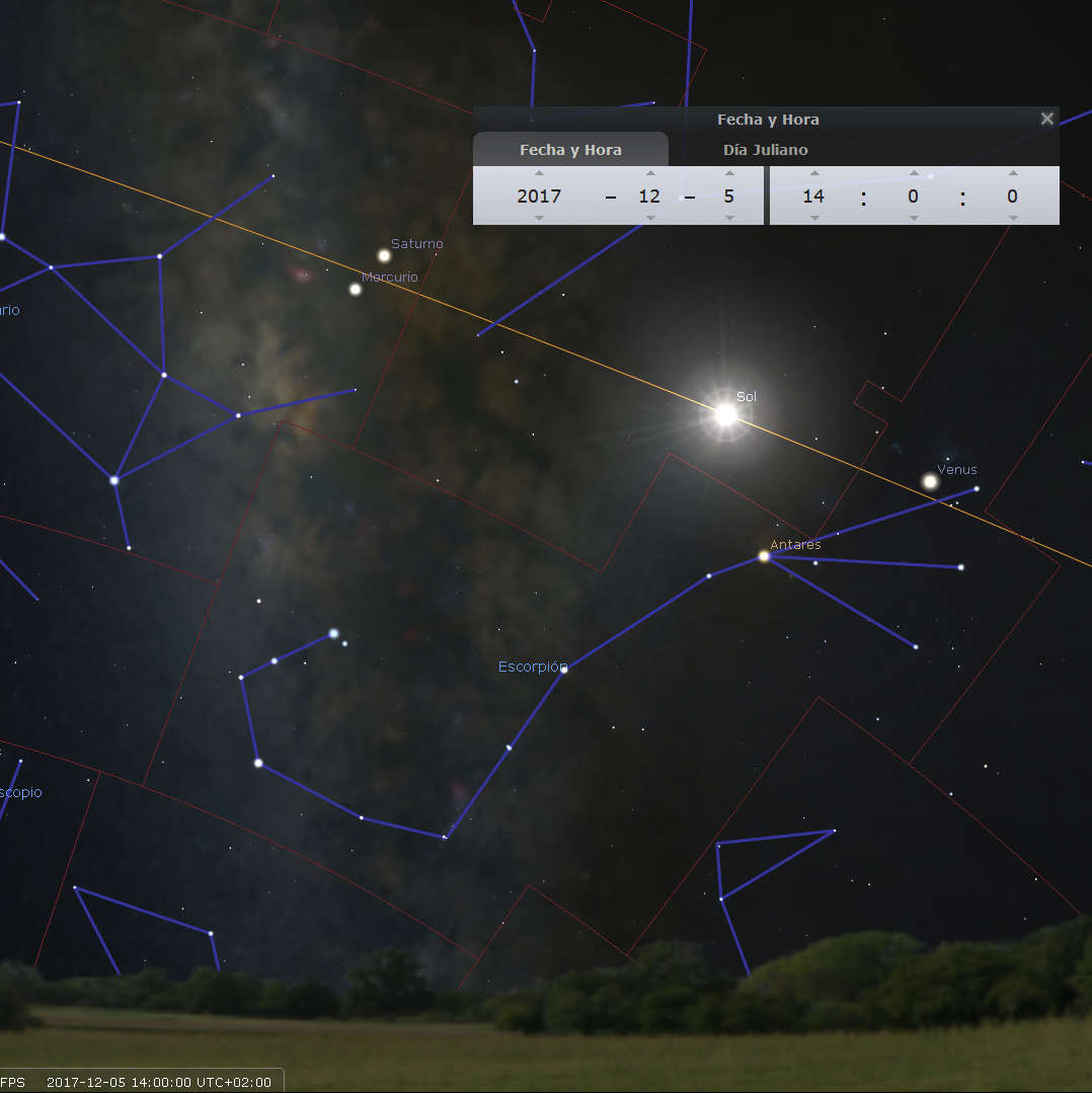 Imagen de un software astronómico mostrando el cielo nocturno con constelaciones trazadas, incluyendo una agrupación visible bajo la denominación bíblica "Mazzaroth". Los planetas Saturno, Mercurio, Venus y el Sol son etiquetados. Una ventana flotante muestra la fecha y hora configuradas para el 5 de diciembre de 2017.