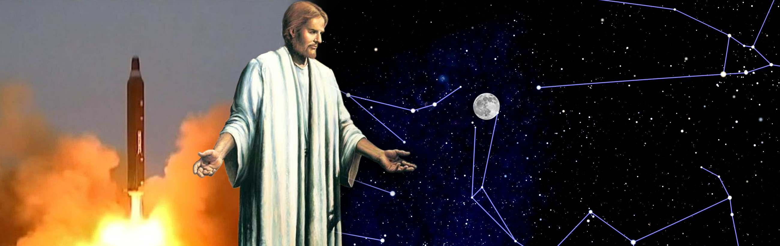 A digital montage showing a bearded man in an ancient robe extending his hands, with a space rocket launching in flames on the left and a night sky filled with stars and a full moon connected by white lines illustrating celestial patterns on the right.