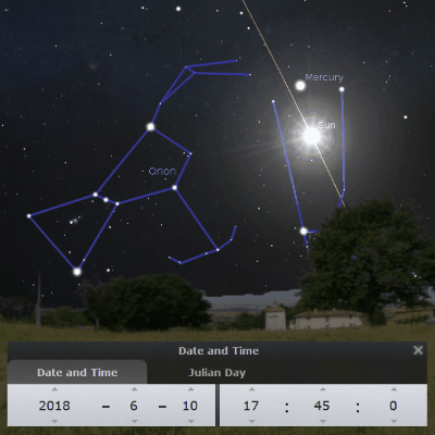 Night sky depicted with the constellation Orion highlighted in blue, and bright celestial bodies labeled Mercury and the Sun. Below, a digital interface displays a date and time setting: June 10, 2018, 17:45 Julian Day.
