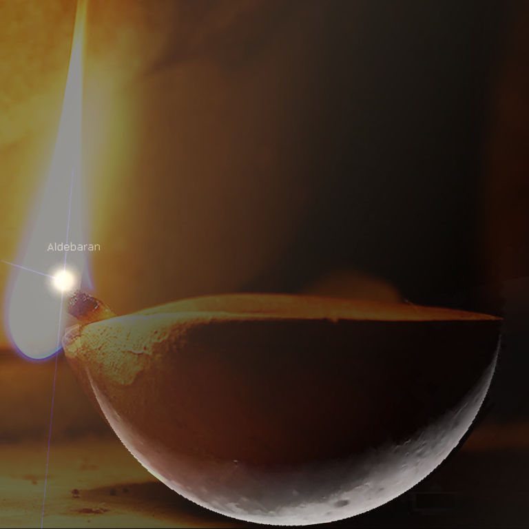 An artistic rendering of a crescent celestial body with a view of a bright star, labeled Aldebaran, shining intensely at the point where the light emanates visually intersecting the body.