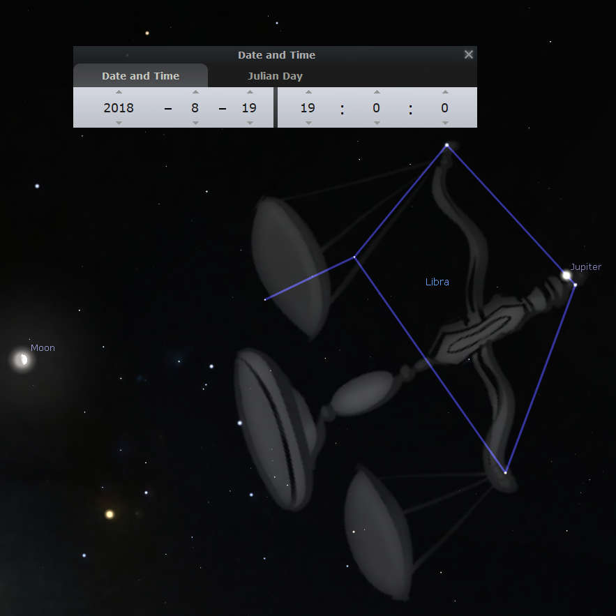 A digital depiction of a night sky showing the Moon, the planet Jupiter, and the constellation commonly associated with the Mazzaroth symbol for balance. The view includes a pane with the date and time settings showing the year 2018, month August, day 19, at 19 hours and 0 minutes. The stars are connected by lines to outline the constellation.