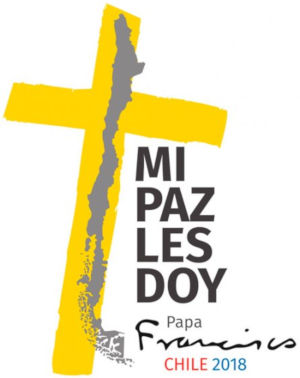 Graphic featuring a yellow cross with a black silhouette of Chile over it, accompanied by the Spanish text "Mi Paz Les Doy" in bold black letters. Below the text is a small signature that reads "Papa Francisco" and further textual detail "Chile 2018."