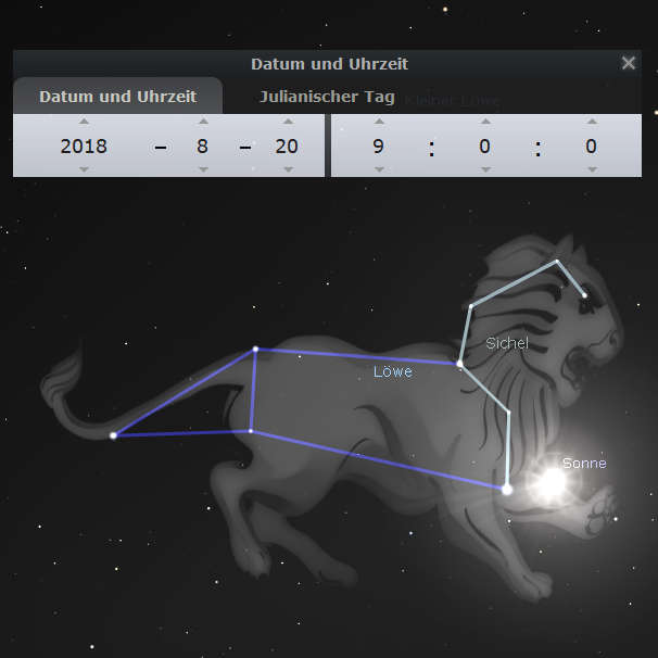 Grafik einer Visualisierungssoftware, die ein astronomisches Löwenbild mit Mazzaroth-Bezug zeigt. Im Vordergrund ist ein Löwe zu sehen, der von einer blauen Linienstruktur überlagert wird, welche seine Konstellationsform darstellt. Im Hintergrund sind Sternpunkte und die Sonne sichtbar, zusammen mit einer Bedienoberfläche für Datum, Uhrzeit und julianischen Tag.