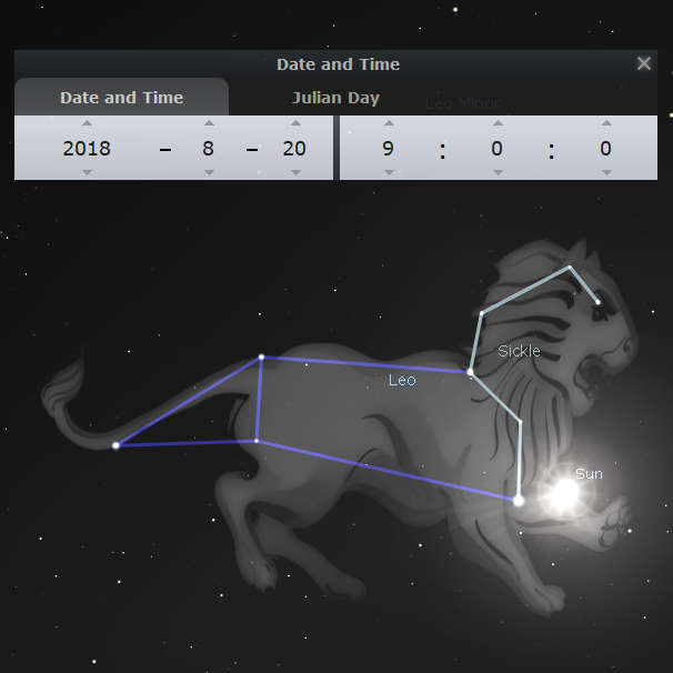 An illustrated overlay of a lion-like constellation displayed in the night sky simulation software. The stars in the constellation are connected by blue lines forming the shape of a lion. A portion of this figure is highlighted, referred to as the Sickle. The image also includes interface details showing a date set to August 20, 2018, and has indicators for the sun's position.