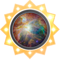 An image of a vibrant cosmic nebula enclosed in a circular frame with sparkling stars around it, set against a radiant, golden backdrop.