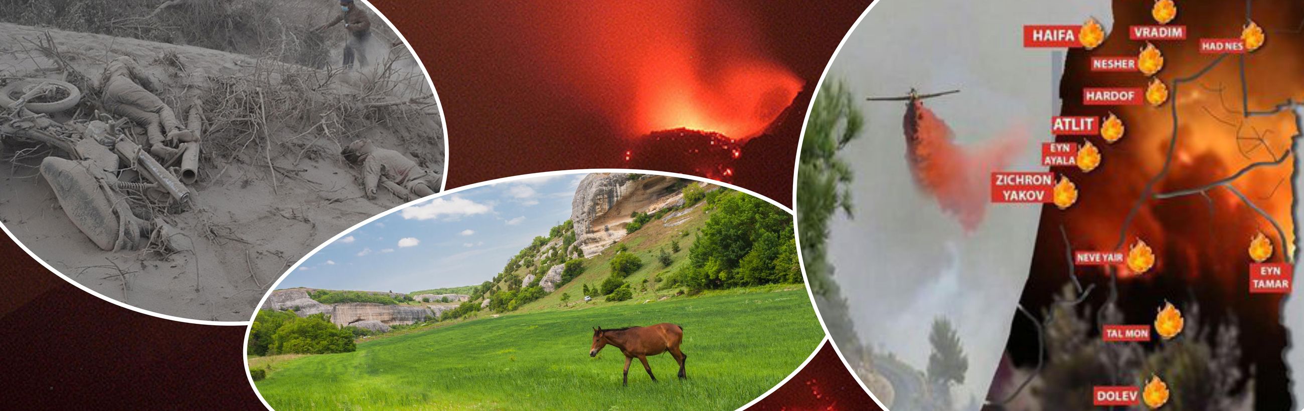 A panoramic collage depicting diverse environmental phenomena. From left to right: a gray-toned image showing dusty remnants of a battlefield with scattered military equipment; a vibrant landscape scene featuring a green field with a lone brown horse and white cliffs in the background under a blue sky; a vivid representation of a volcanic eruption with glowing red and orange lava; and lastly, a map overlay with fire icons indicating areas affected by wildfires, set against an aerial firefighting effort with a helicopter dropping red fire retardant.