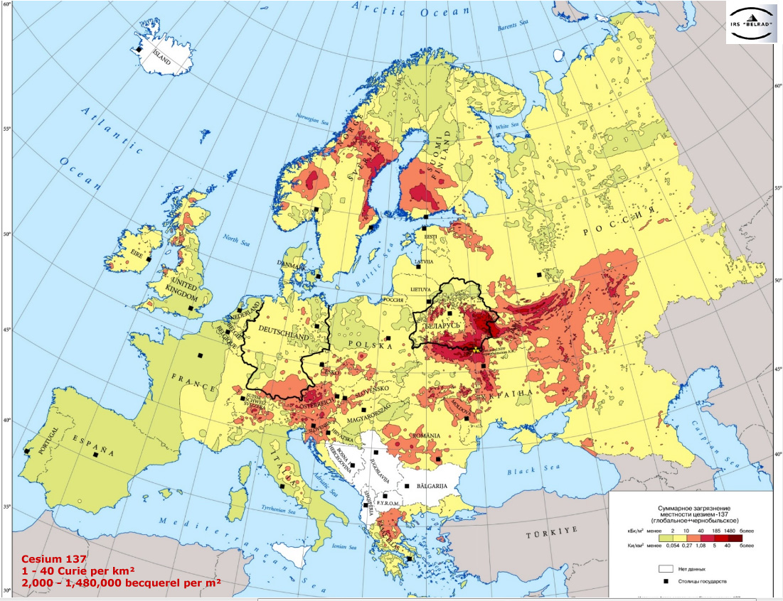 A color-coded map depicting varying levels of Cesium-137 contamination across Europe. The concentration gradients range from light yellow indicating lower levels to deep red showing higher contamination, with the most intense areas situated in parts of Central and Eastern Europe.