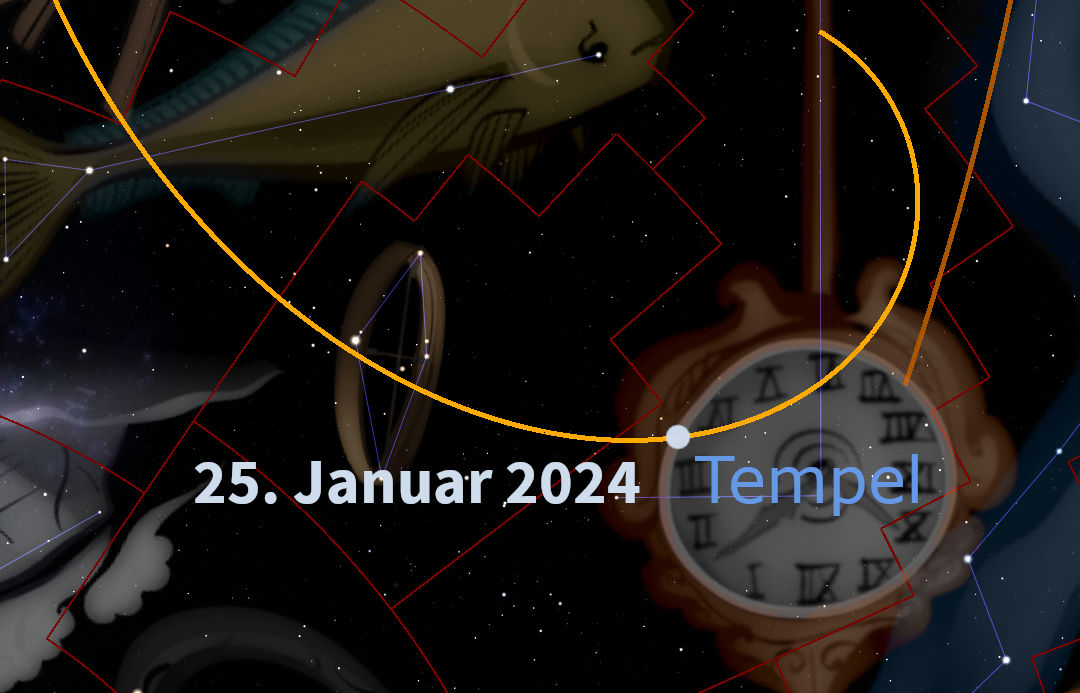 Digitale Darstellung einer Sternennacht mit verschiedenen astronomischen Elementen wie Ringen und Sternbildern. Ein prominenter Kreis, umzeichnet mit einem Datumsstempel "25. Januar 2024", und das Wort "Tempel" befinden sich im Vordergrund über einer stilisierten Uhr mit römischen Ziffern.