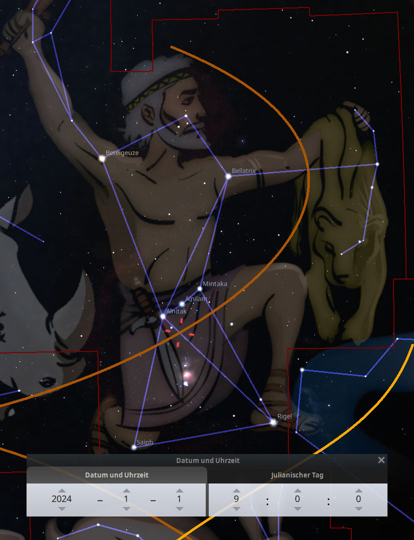 Darstellung einer astrologischen Konstellation aus der Mazzaroth in einem astronomischen Softwareprogramm. Die Abbildung zeigt eine menschliche Figur, die mit hellen Sternen verbunden ist, einschließlich Betelgeuse und Rigel. Einige Überlagerungen skizzieren gezeichnete Linien, die die Figur umgeben.