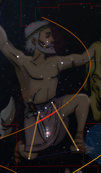Abbildung einer Sternbildkonstellation. Sie zeigt einen Mann in heroischer Haltung, der einen einfachen Lendenschurz und einen Lorbeerkranz trägt und unter einem Sternenhimmel mit einem Pfeil und Bogen zielt. Überlagerte geometrische Linien stellen die Verbindungen der Konstellation dar.