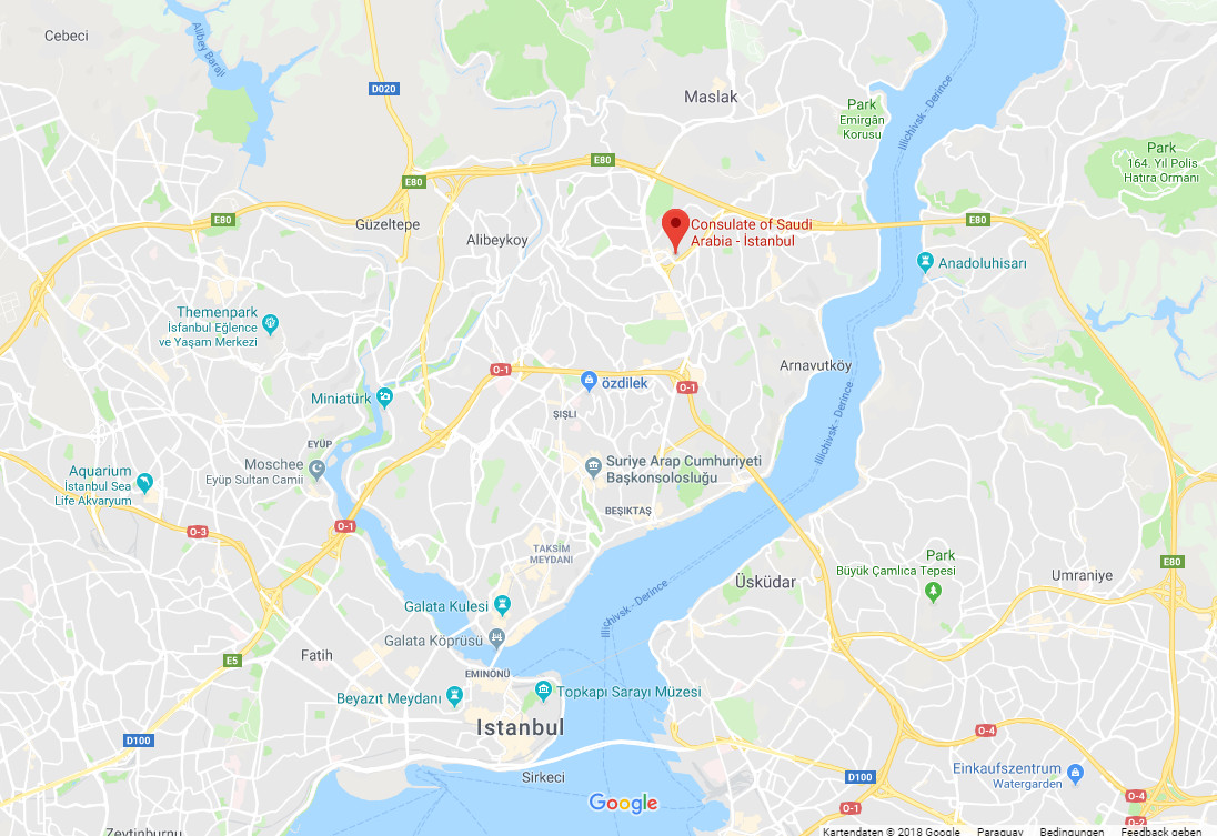 Digitale Karte von Istanbul, die Hauptverkehrsstraßen, Gewässer, Parks und Standorte wie das Konsulat von Saudi-Arabien markiert. Die Karte zeigt eine klare Übersicht über die Stadtstruktur mit einer Kennzeichnung am Konsulat.