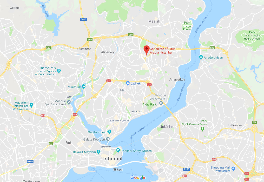 A digital map showing various locations and roads in Istanbul, including notable sites such as Theme Park Istanbul, Yildiz Park, and the Consulate of Saudi Arabia in Istanbul.