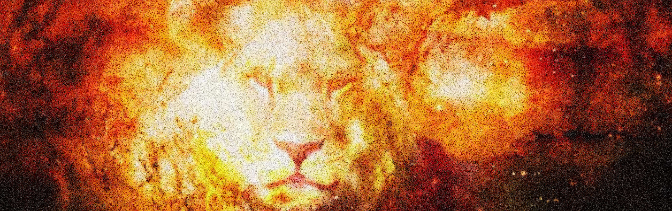 Artistic representation of a lion's face set against a fiery nebula-like background with an intense blend of orange, red, and yellow hues mimicking the stellar formations seen in space.