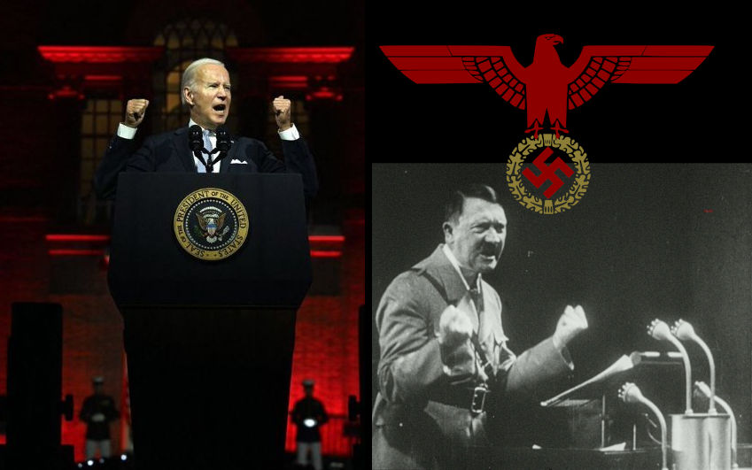 Composite image with two sections. On the left, a man in a dark suit speaks animatedly at a podium bearing the Presidential Seal, with a backdrop illuminated in red. On the right, a historical black and white photo of a man in suit speaking at a podium, overlaid with a graphic of a red eagle above a circular symbol.