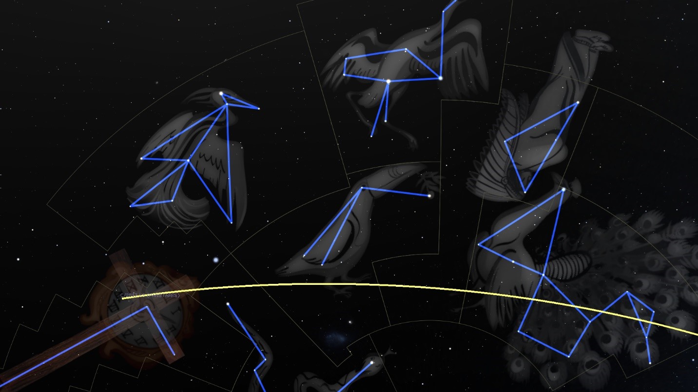 A digital illustration of the night sky featuring constellations visually transformed into mythical creatures and objects, connected by glowing blue lines against a backdrop of stars. A prominent constellation is depicted as a bird in flight, and a stylized classic watch with a golden hand is integrated, symbolizing time's passage.