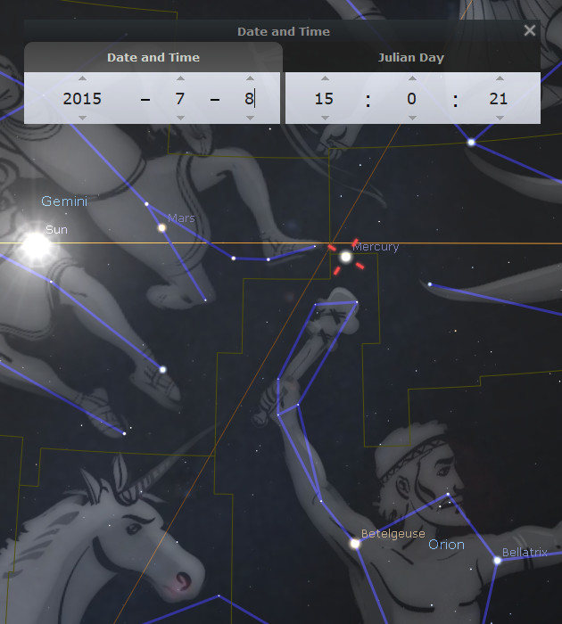 A digital astronomical chart depicting constellations from the Mazzaroth, with highlighted celestial objects such as the Sun, Mars, and Mercury. The graphic includes interface elements displaying date and time settings, marked against Julian Day calculations. Pale figures representing traditional constellation imagery, including a figure resembling an archer and fantasy creatures like a unicorn, are connected by lines indicating their shapes against a starry sky background.