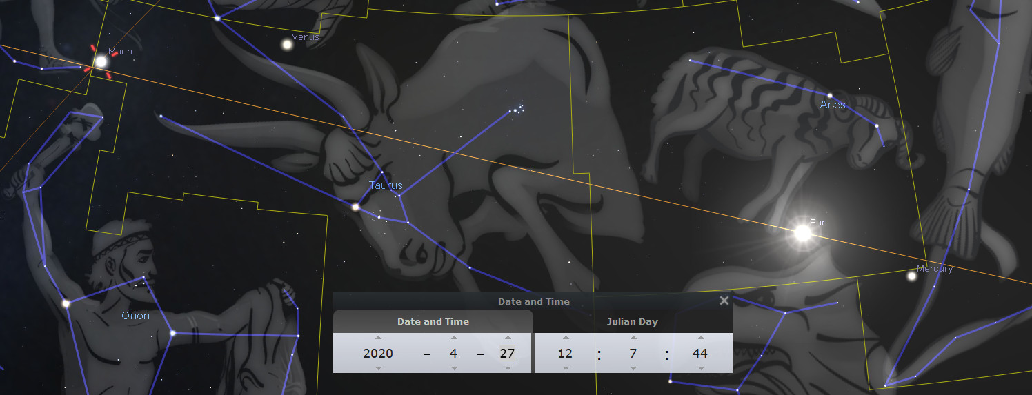 A digital astronomical illustration depicting various celestial figures and constellations interactively mapped against a dark sky. Notable celestial bodies like the Moon, Venus, and the Sun are marked, alongside representations of Orion and other celestial groupings, interconnected by blue lines that outline their forms. A bottom panel displays specific data: Date and time, Julian Day, indicating the observation period.