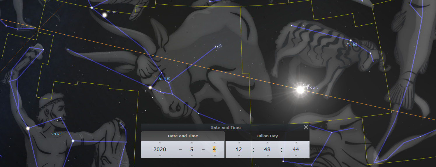 A digital astronomical illustration displaying constellations and stars overlaid with mythological figures associated with the Mazzaroth. Visible are the constellations traditionally linked to Orion, Taurus, and Aries, connected by blue lines marking their main stars. A date and time interface is visible at the bottom showing "2020 - 5 - 4 | 12 : 48 : 44".