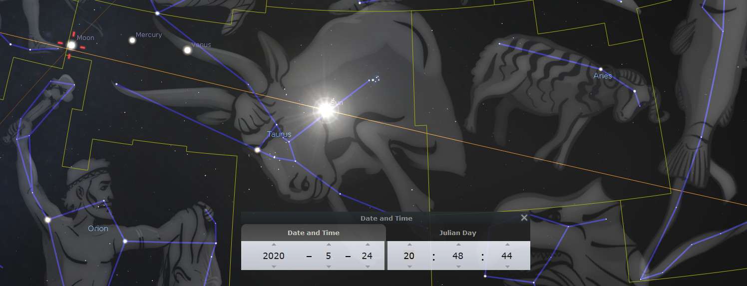 An astronomical software depicting night sky constellations. Visible celestial bodies include the Moon, Mercury, Venus, and the Sun uniquely positioned within the boundaries outlined by connections of stars forming shapes traditionally recognized in the Mazzaroth. Illustrated figures such as Orion and representations from the Mazzaroth, like Taurus and Aries, can be seen clearly. The software interface displays the date and Julian Day: May 24, 2020, and 2448988.44, respectively.