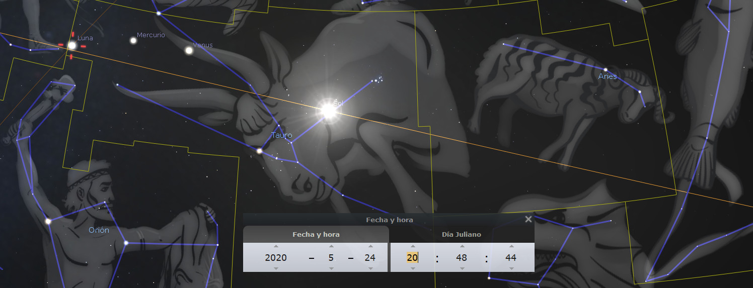 Imagen digital de un cielo estrellado mostrando configuraciones luminosas y nombres de ciertos elementos celestes como Luna, Mercurio y Venus, junto a constelaciones iluminadas con figuras míticas como Orión y otras configuraciones de la Mazzaroth. Incluye etiquetas de tiempo en formato de fecha y hora y día juliano.