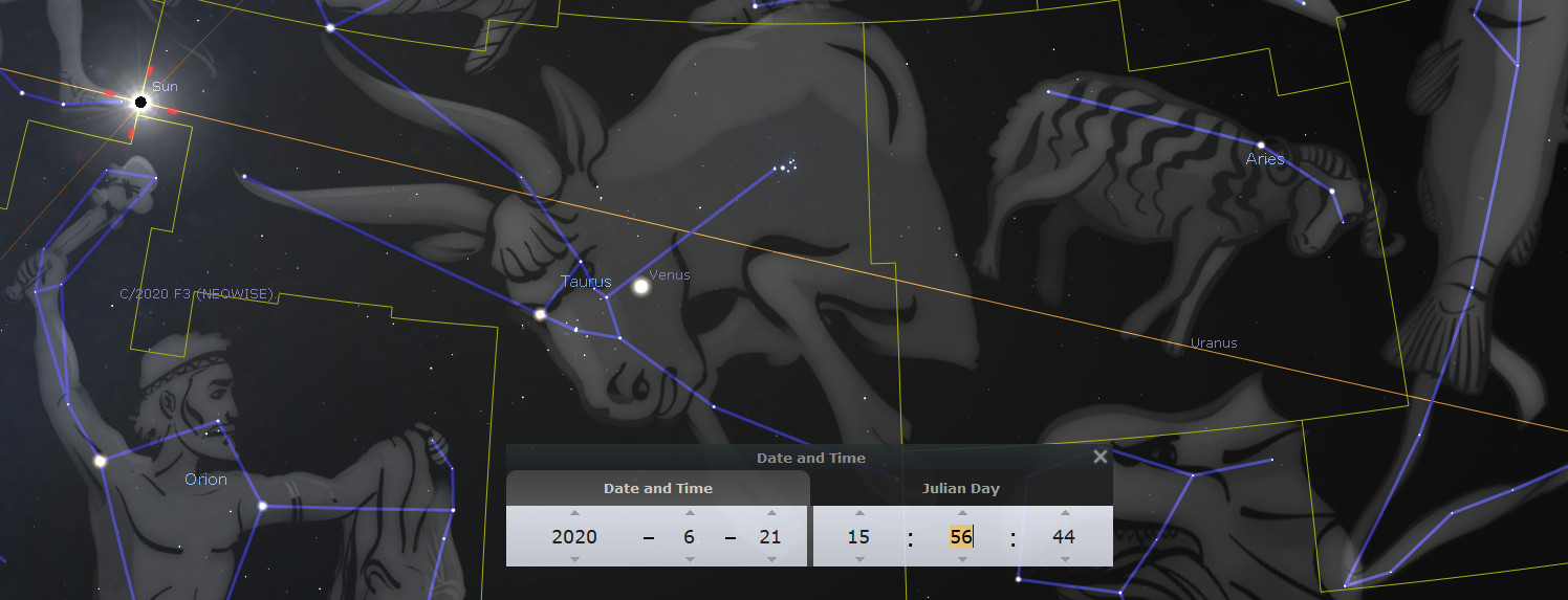 A digital star map depicts a night sky showing clusters of stars linked with lines forming illustrations of a warrior, a bull, and a ram, each representing famous constellations in the Mazzaroth. Visible celestial bodies include the Sun, Venus, and Uranus. Data overlays indicate the date and time along with Julian Day numbers.