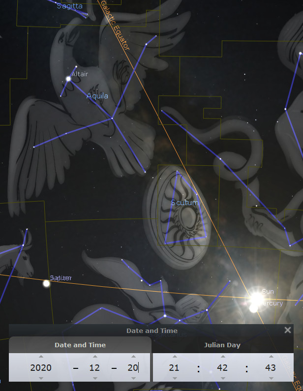 Illustration of a celestial map featuring constellations such as Aquila, represented with lines connecting stars, overlying artistic depictions of birds and other figures against a dark starry background. Visible celestial bodies include Altair and identification of specific constellations like Scutum. A user interface shows 'Date and Time' implying observation configuration, suggesting monitoring of celestial events.
