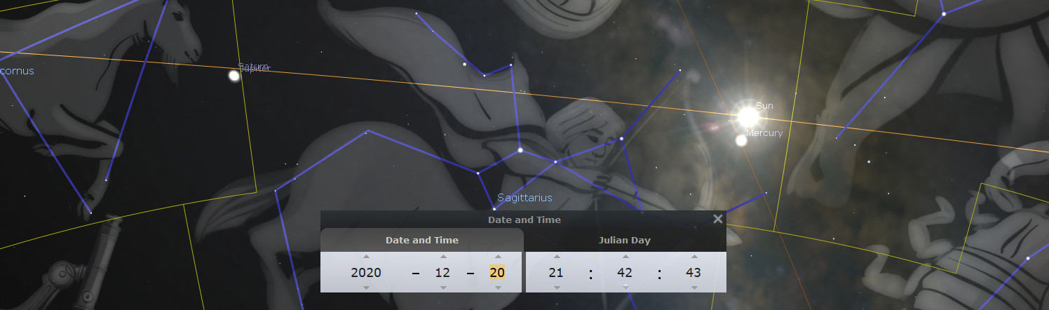 An astronomical software interface displays a celestial map including depictions of the constellations Capricornus and a Mazzaroth representation. Bright points labeled as the Sun and Mercury are visible. An overlaid window shows a date and Julian Day calculation: December 20, 2020, with a time of 21 hours, 42 minutes, and 43 seconds.