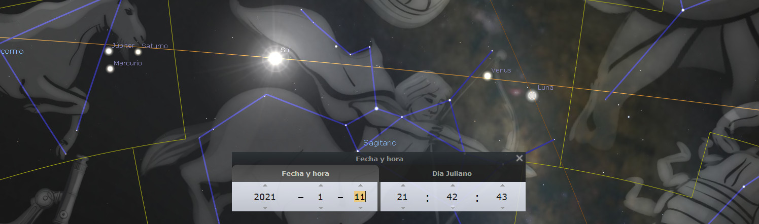 Imagen de una interfaz de observación astronómica mostrando una representación artística de varias constelaciones con nombres de planetas y cuerpos celestes etiquetados como Mercurio, Venus, Sol, Luna, Júpiter y Saturno, sobre un fondo que incluye dibujos estilizados de figuras mitológicas. Aparece una ventana emergente indicando fecha y hora específica del 11 de enero de 2021 a las 21:42:43.