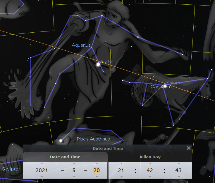 An illustrated astronomical map featuring various celestial formations associated with the Mazzaroth. It includes prominent depictions of mythological figures connected to specific clusters of stars, such as one pouring water from a vessel. Visible planets like Jupiter and Saturn are highlighted, alongside labeled constellations. The overlay includes coordinate grids and a digital panel displaying date and time, set to May 20, 2021, at 21:42:43 Julian Day.